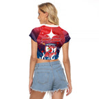 Personalized Sydney Roosters Raglan Cropped T Shirt Y2K Grunge Aesthetic With Cyber Flames and Starburst Graphics