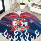 Personalized Sydney Roosters Round Carpet Y2K Grunge Aesthetic With Cyber Flames and Starburst Graphics