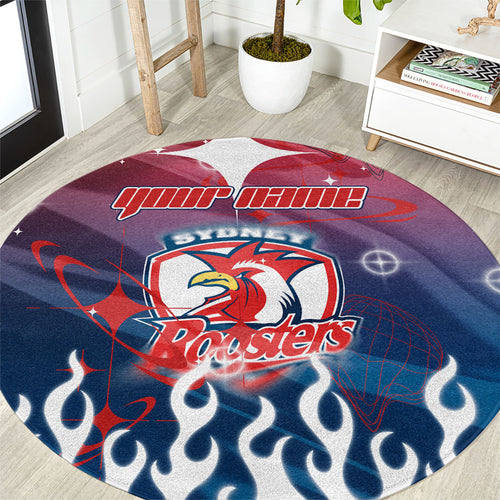 Personalized Sydney Roosters Round Carpet Y2K Grunge Aesthetic With Cyber Flames and Starburst Graphics