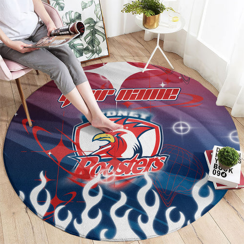 Personalized Sydney Roosters Round Carpet Y2K Grunge Aesthetic With Cyber Flames and Starburst Graphics
