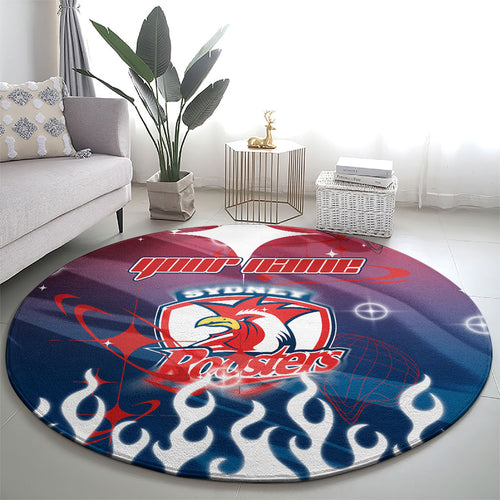 Personalized Sydney Roosters Round Carpet Y2K Grunge Aesthetic With Cyber Flames and Starburst Graphics