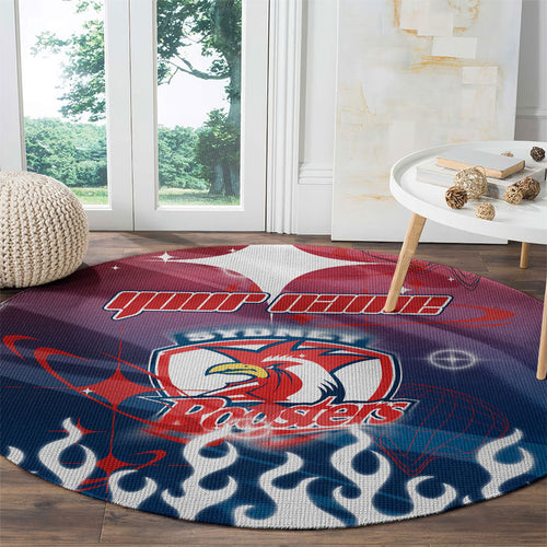 Personalized Sydney Roosters Round Carpet Y2K Grunge Aesthetic With Cyber Flames and Starburst Graphics