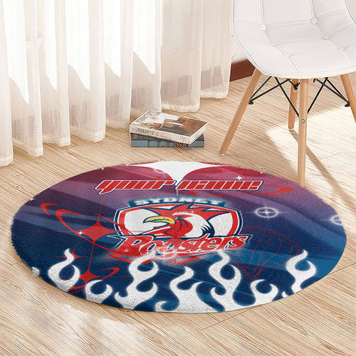 Personalized Sydney Roosters Round Carpet Y2K Grunge Aesthetic With Cyber Flames and Starburst Graphics