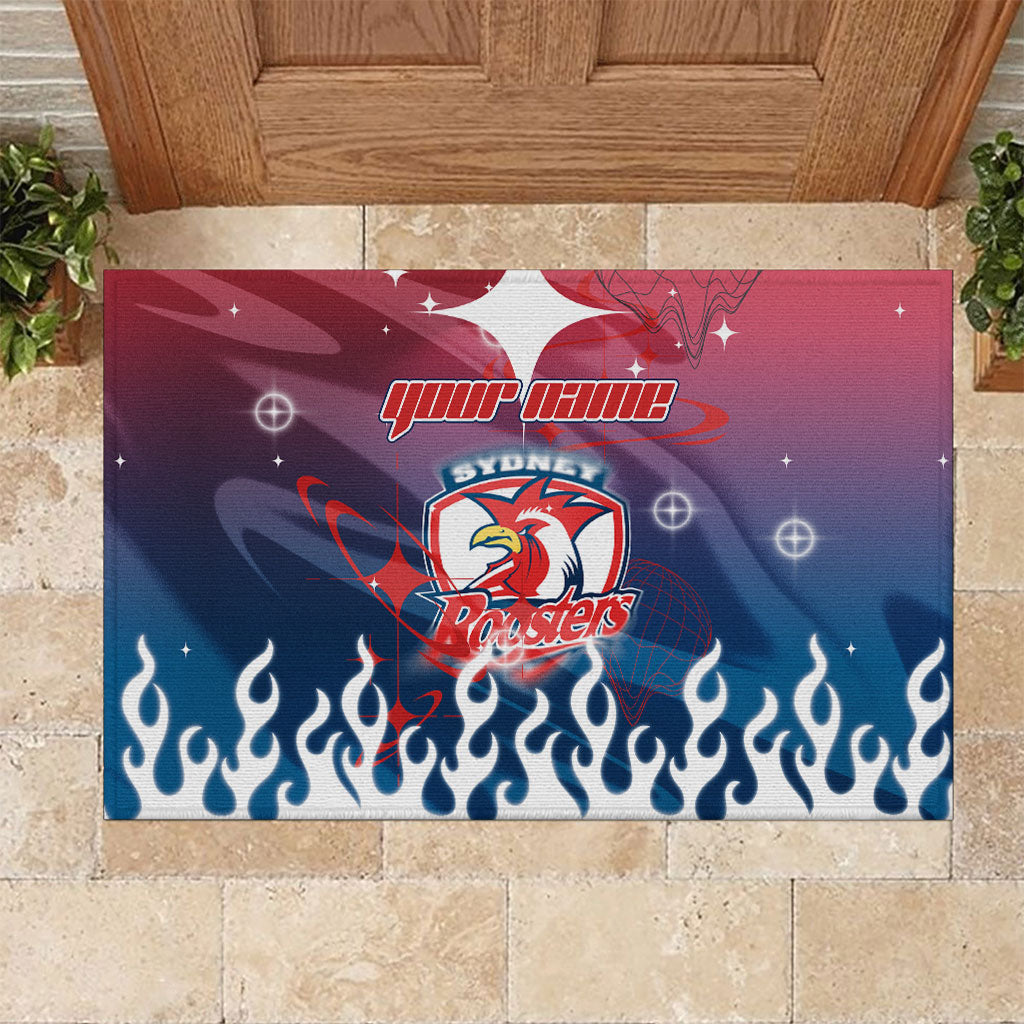 Personalized Sydney Roosters Rubber Doormat Y2K Grunge Aesthetic With Cyber Flames and Starburst Graphics