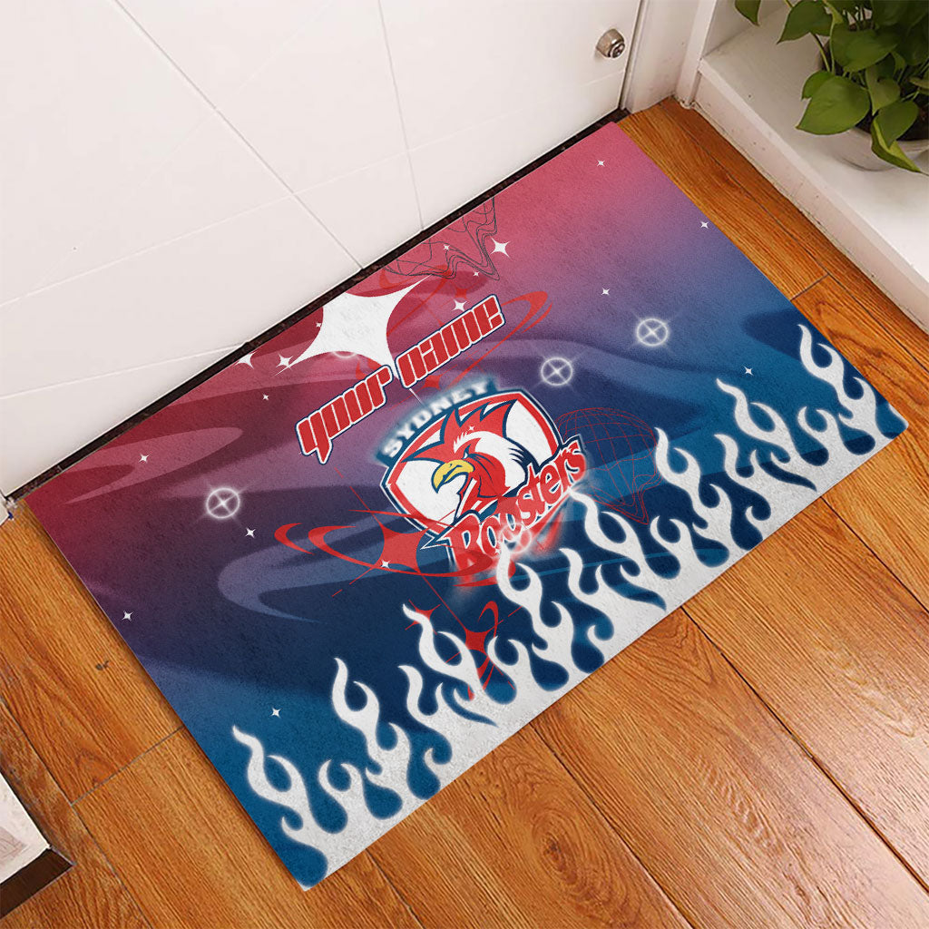 Personalized Sydney Roosters Rubber Doormat Y2K Grunge Aesthetic With Cyber Flames and Starburst Graphics