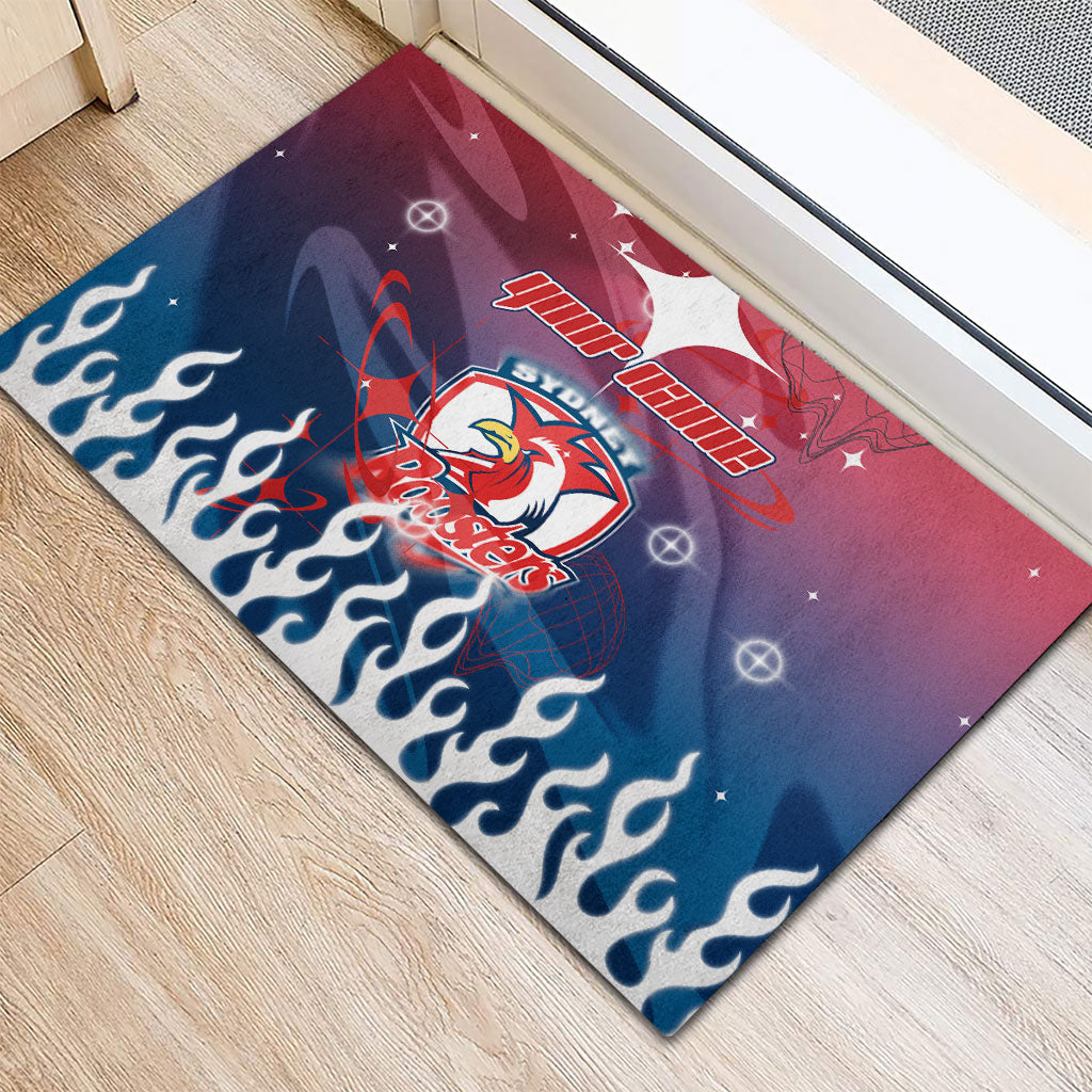 Personalized Sydney Roosters Rubber Doormat Y2K Grunge Aesthetic With Cyber Flames and Starburst Graphics