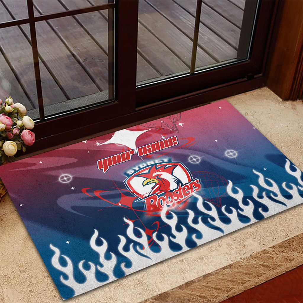 Personalized Sydney Roosters Rubber Doormat Y2K Grunge Aesthetic With Cyber Flames and Starburst Graphics