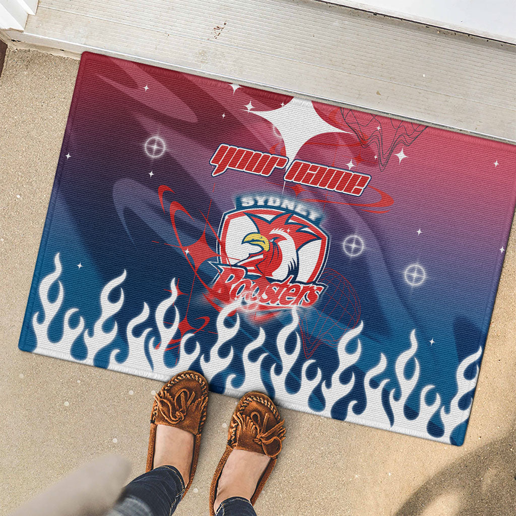 Personalized Sydney Roosters Rubber Doormat Y2K Grunge Aesthetic With Cyber Flames and Starburst Graphics