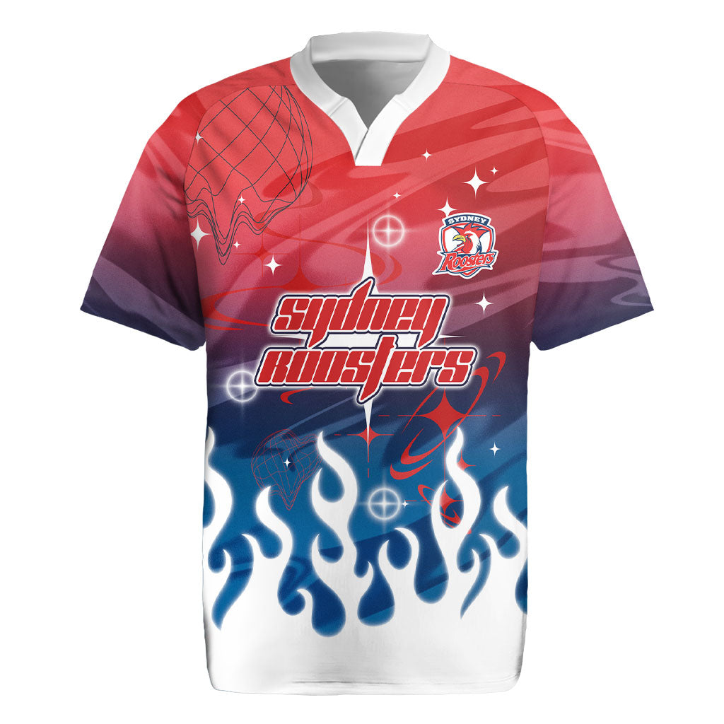 Personalized Sydney Roosters Rugby Jersey Y2K Grunge Aesthetic With Cyber Flames and Starburst Graphics