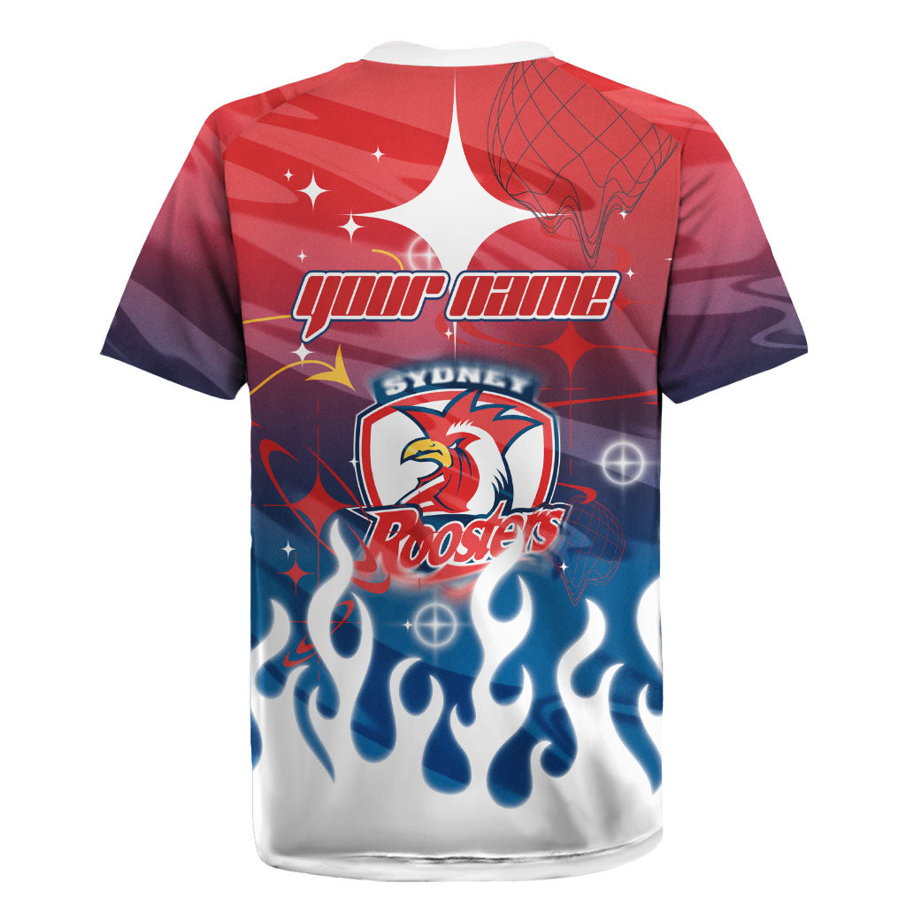 Personalized Sydney Roosters Rugby Jersey Y2K Grunge Aesthetic With Cyber Flames and Starburst Graphics