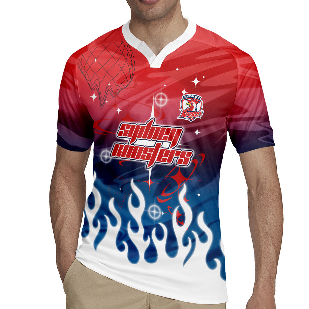 Personalized Sydney Roosters Rugby Jersey Y2K Grunge Aesthetic With Cyber Flames and Starburst Graphics