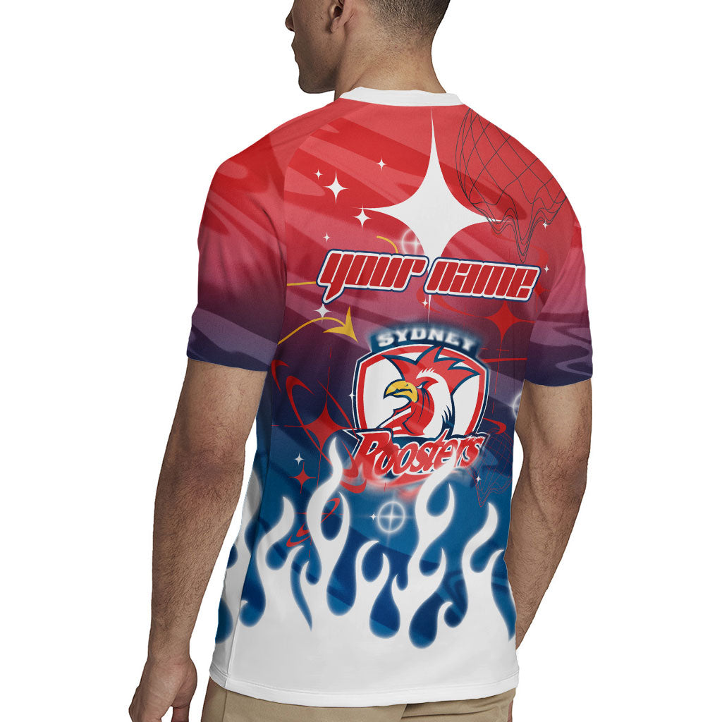 Personalized Sydney Roosters Rugby Jersey Y2K Grunge Aesthetic With Cyber Flames and Starburst Graphics