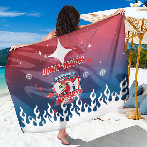Personalized Sydney Roosters Sarong Y2K Grunge Aesthetic With Cyber Flames and Starburst Graphics
