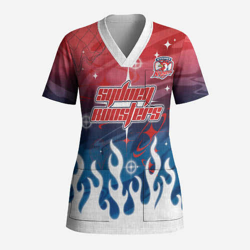 Personalized Sydney Roosters Scrub Top Y2K Grunge Aesthetic With Cyber Flames and Starburst Graphics