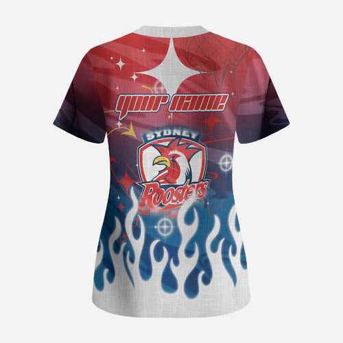 Personalized Sydney Roosters Scrub Top Y2K Grunge Aesthetic With Cyber Flames and Starburst Graphics