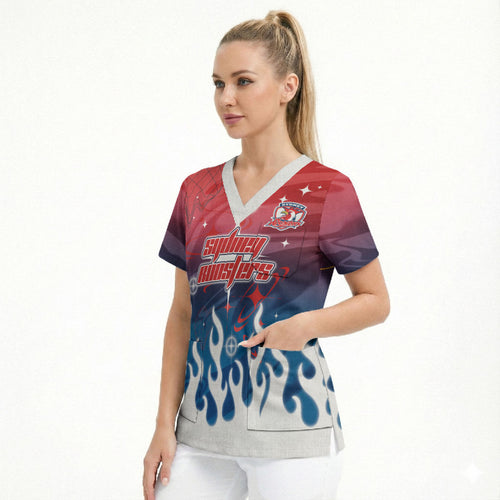 Personalized Sydney Roosters Scrub Top Y2K Grunge Aesthetic With Cyber Flames and Starburst Graphics