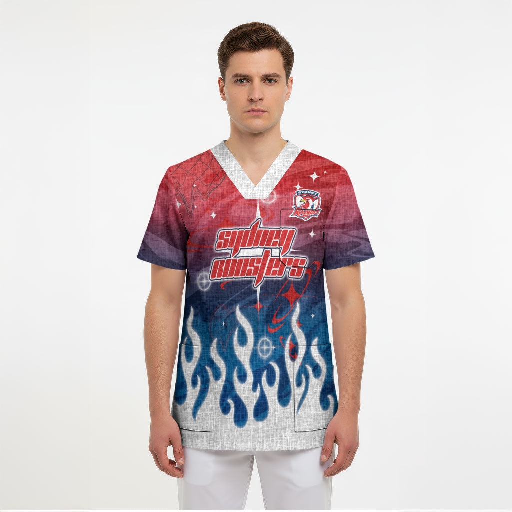 Personalized Sydney Roosters Scrub Top Y2K Grunge Aesthetic With Cyber Flames and Starburst Graphics