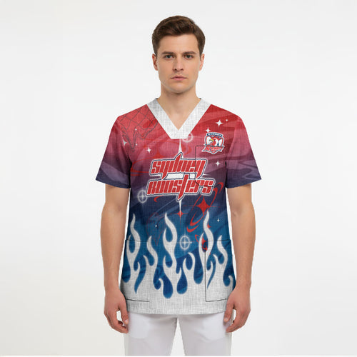 Personalized Sydney Roosters Scrub Top Y2K Grunge Aesthetic With Cyber Flames and Starburst Graphics