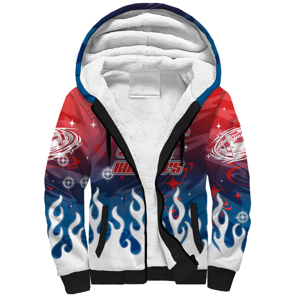 Personalized Sydney Roosters Sherpa Hoodie Y2K Grunge Aesthetic With Cyber Flames and Starburst Graphics