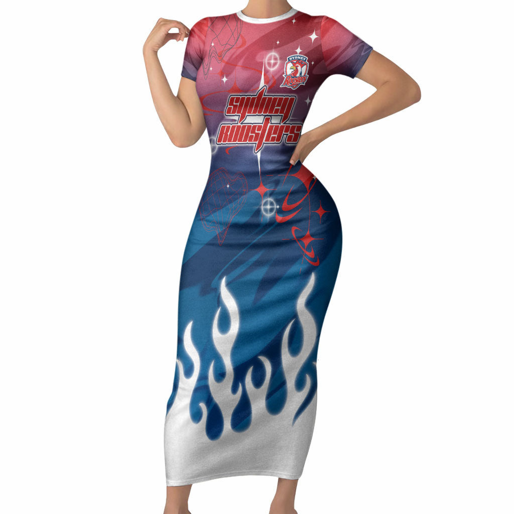 Personalized Sydney Roosters Short Sleeve Bodycon Dress Y2K Grunge Aesthetic With Cyber Flames and Starburst Graphics