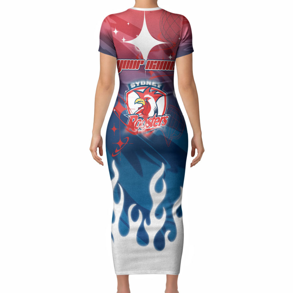 Personalized Sydney Roosters Short Sleeve Bodycon Dress Y2K Grunge Aesthetic With Cyber Flames and Starburst Graphics