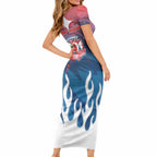 Personalized Sydney Roosters Short Sleeve Bodycon Dress Y2K Grunge Aesthetic With Cyber Flames and Starburst Graphics