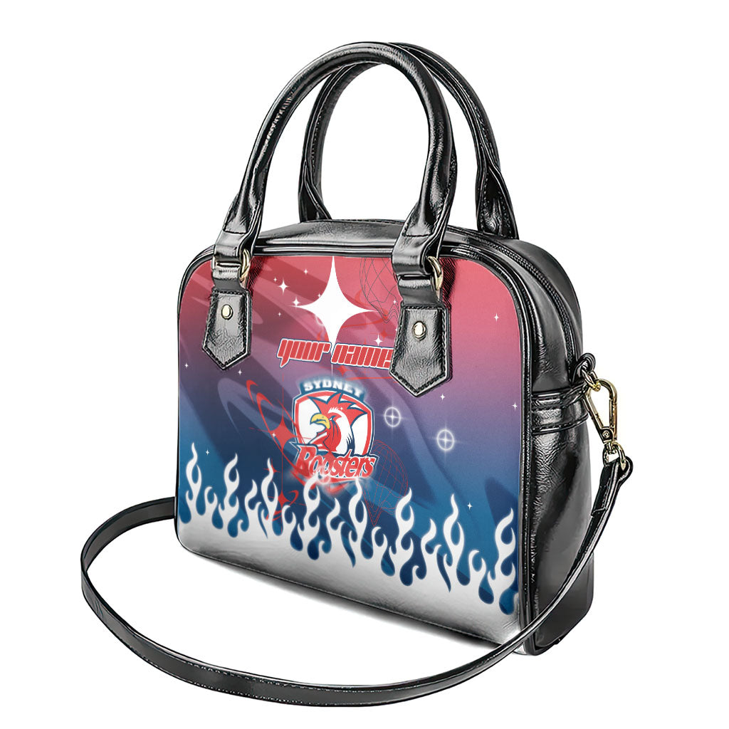 Personalized Sydney Roosters Shoulder Handbag Y2K Grunge Aesthetic With Cyber Flames and Starburst Graphics