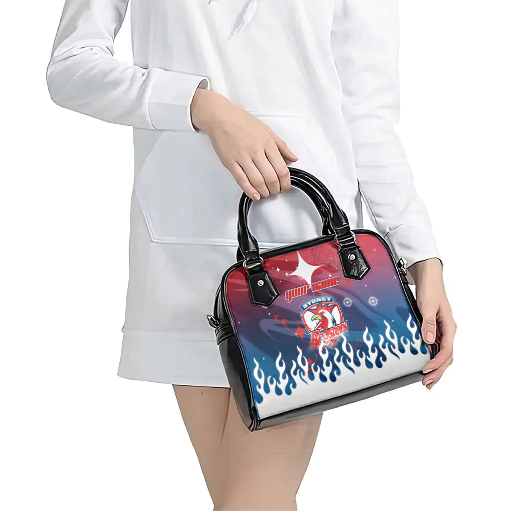 Personalized Sydney Roosters Shoulder Handbag Y2K Grunge Aesthetic With Cyber Flames and Starburst Graphics