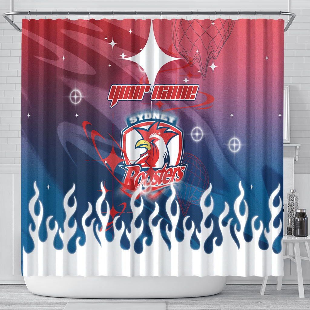 Personalized Sydney Roosters Shower Curtain Y2K Grunge Aesthetic With Cyber Flames and Starburst Graphics