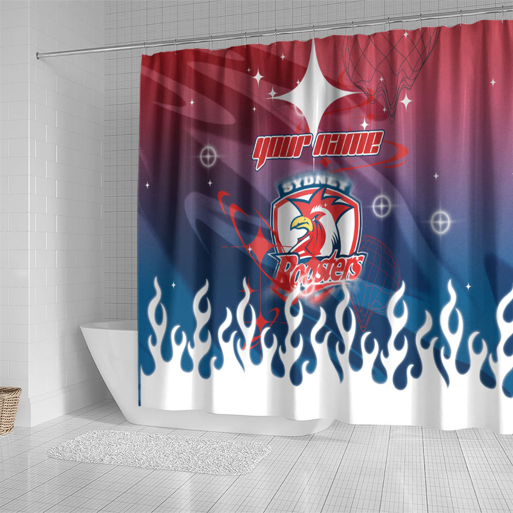 Personalized Sydney Roosters Shower Curtain Y2K Grunge Aesthetic With Cyber Flames and Starburst Graphics