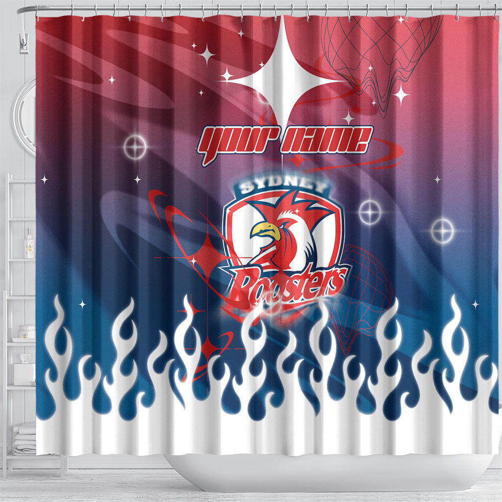 Personalized Sydney Roosters Shower Curtain Y2K Grunge Aesthetic With Cyber Flames and Starburst Graphics