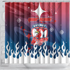 Personalized Sydney Roosters Shower Curtain Y2K Grunge Aesthetic With Cyber Flames and Starburst Graphics
