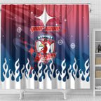 Personalized Sydney Roosters Shower Curtain Y2K Grunge Aesthetic With Cyber Flames and Starburst Graphics