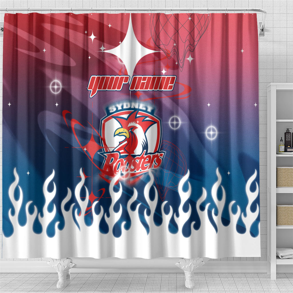 Personalized Sydney Roosters Shower Curtain Y2K Grunge Aesthetic With Cyber Flames and Starburst Graphics