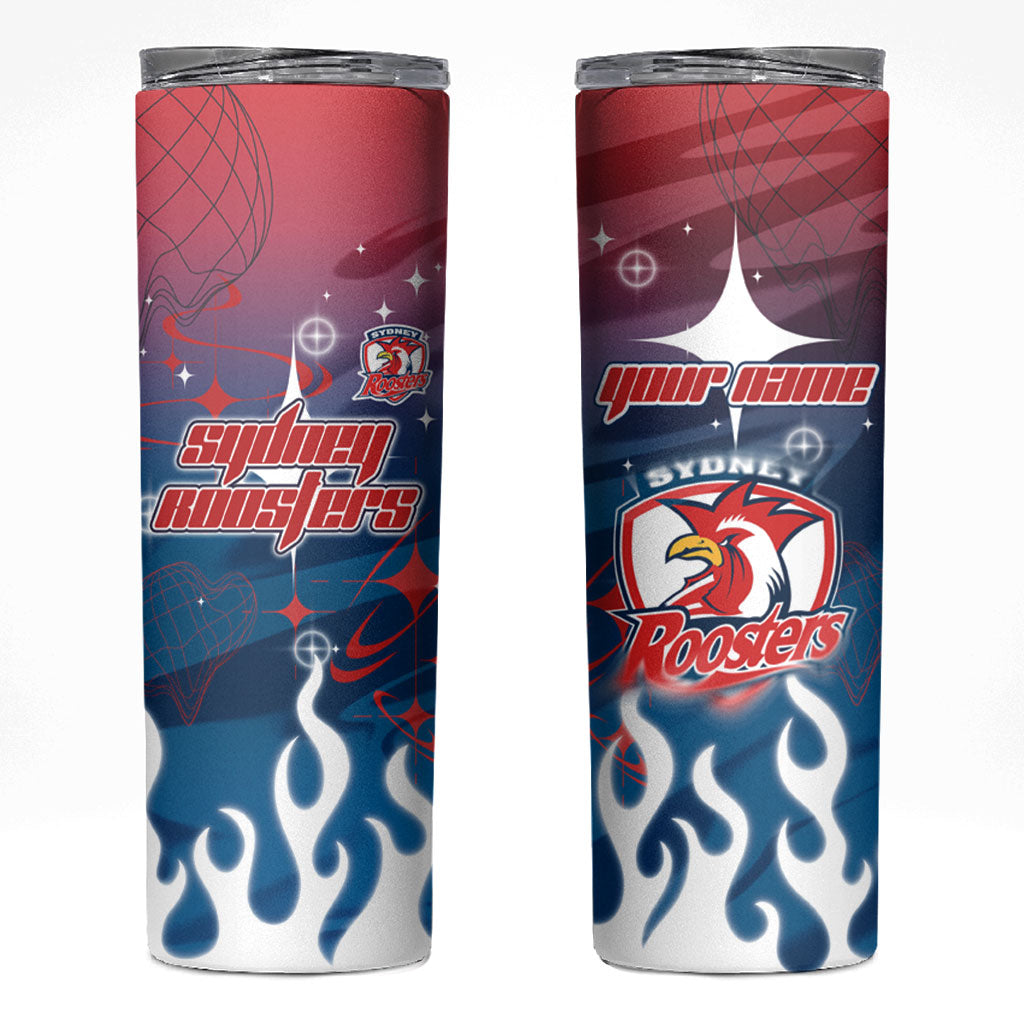 Personalized Sydney Roosters Skinny Tumbler Y2K Grunge Aesthetic With Cyber Flames and Starburst Graphics