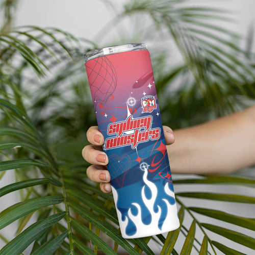 Personalized Sydney Roosters Skinny Tumbler Y2K Grunge Aesthetic With Cyber Flames and Starburst Graphics