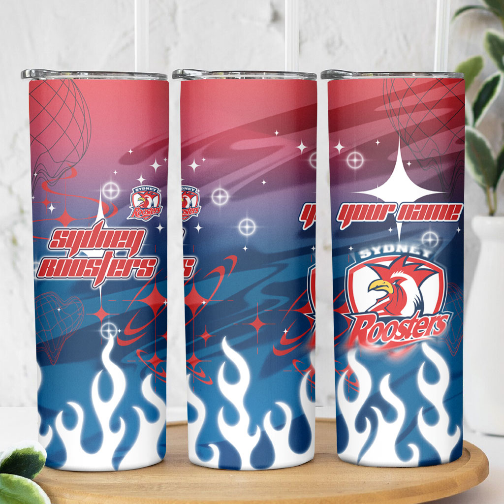 Personalized Sydney Roosters Skinny Tumbler Y2K Grunge Aesthetic With Cyber Flames and Starburst Graphics