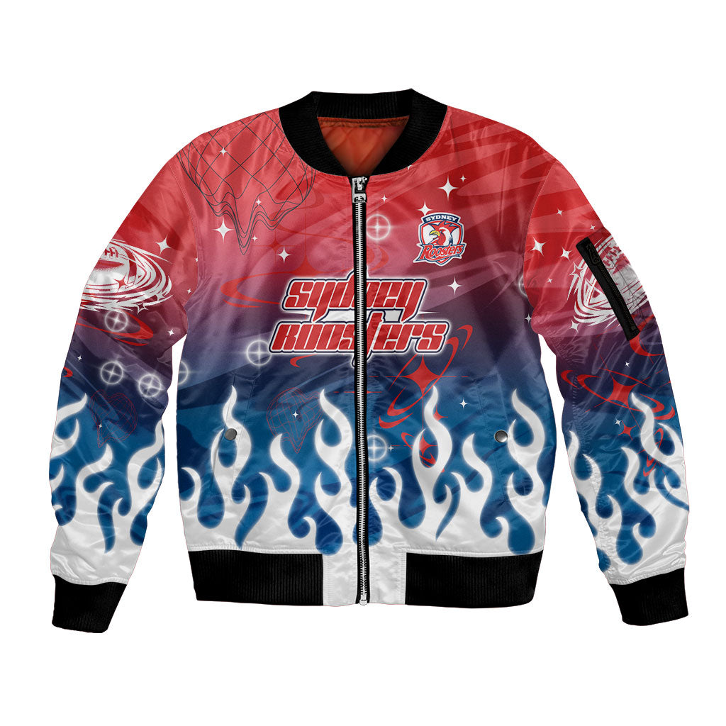 Personalized Sydney Roosters Sleeve Zip Bomber Jacket Y2K Grunge Aesthetic With Cyber Flames and Starburst Graphics