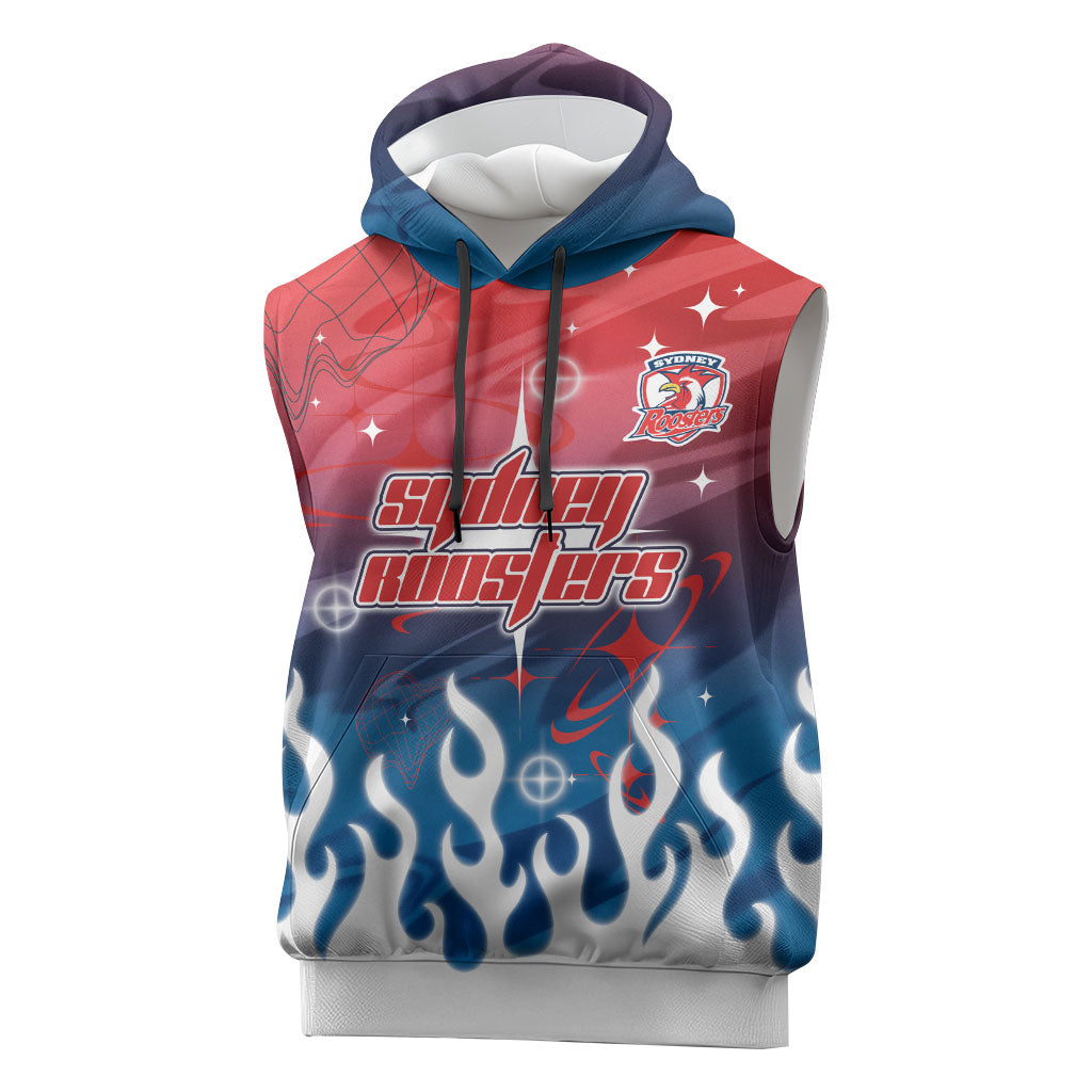 Personalized Sydney Roosters Sleeveless Hoodie Y2K Grunge Aesthetic With Cyber Flames and Starburst Graphics