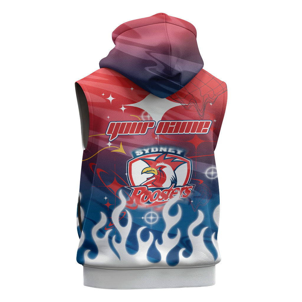 Personalized Sydney Roosters Sleeveless Hoodie Y2K Grunge Aesthetic With Cyber Flames and Starburst Graphics