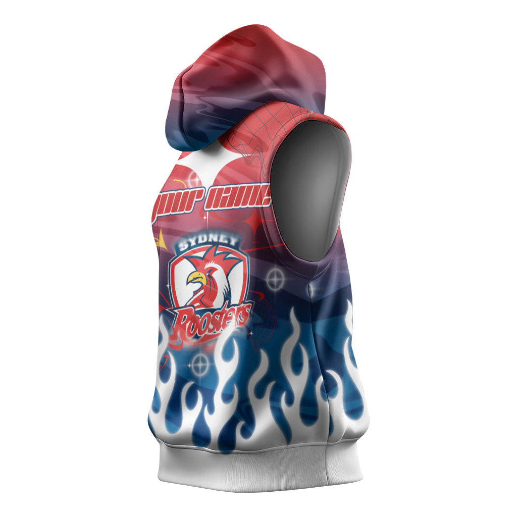 Personalized Sydney Roosters Sleeveless Hoodie Y2K Grunge Aesthetic With Cyber Flames and Starburst Graphics