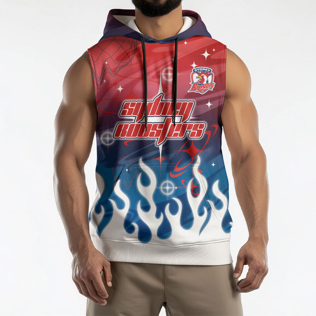 Personalized Sydney Roosters Sleeveless Hoodie Y2K Grunge Aesthetic With Cyber Flames and Starburst Graphics