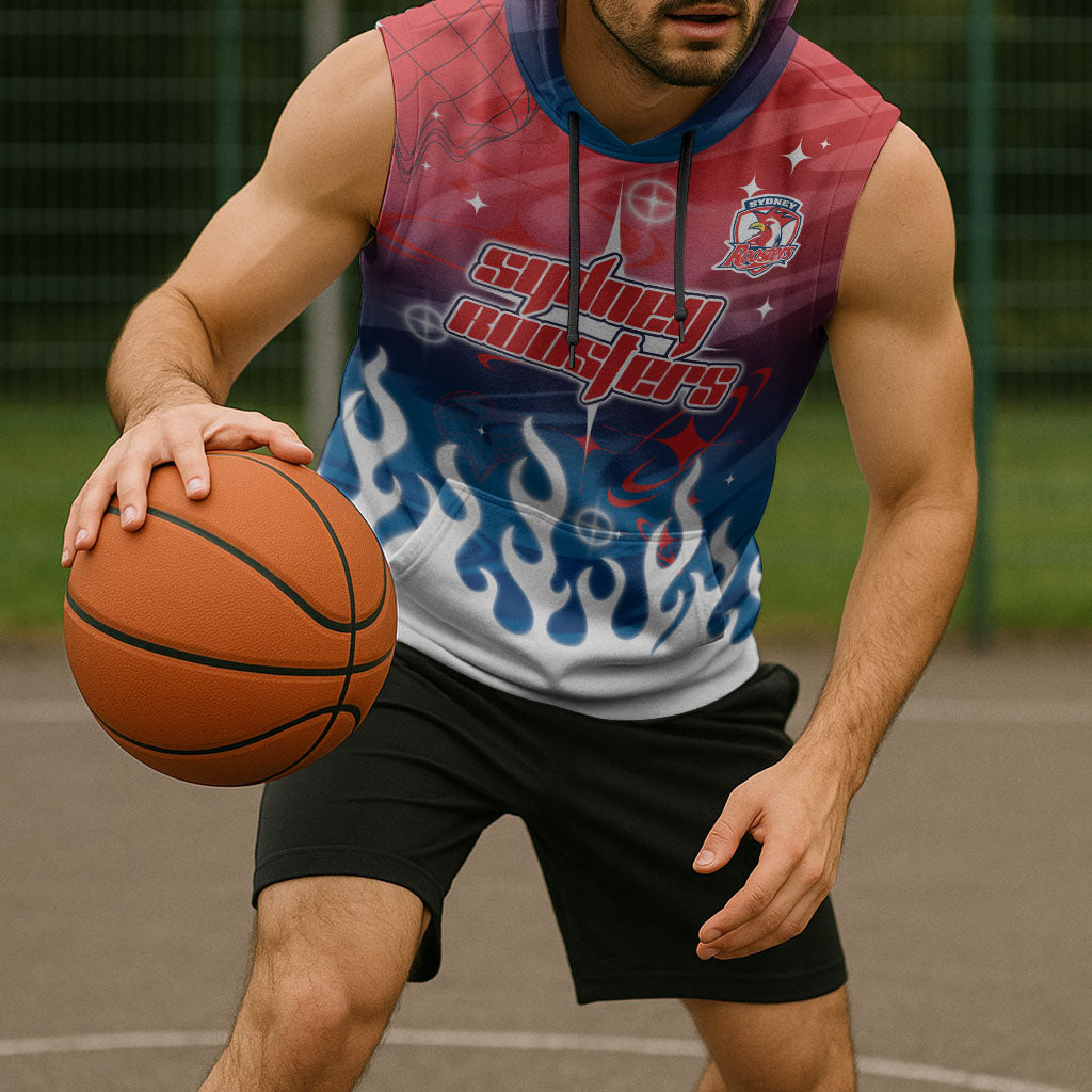 Personalized Sydney Roosters Sleeveless Hoodie Y2K Grunge Aesthetic With Cyber Flames and Starburst Graphics