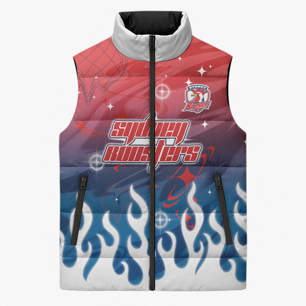 Personalized Sydney Roosters Sleeveless Puffer Jacket Y2K Grunge Aesthetic With Cyber Flames and Starburst Graphics