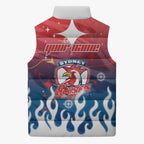 Personalized Sydney Roosters Sleeveless Puffer Jacket Y2K Grunge Aesthetic With Cyber Flames and Starburst Graphics
