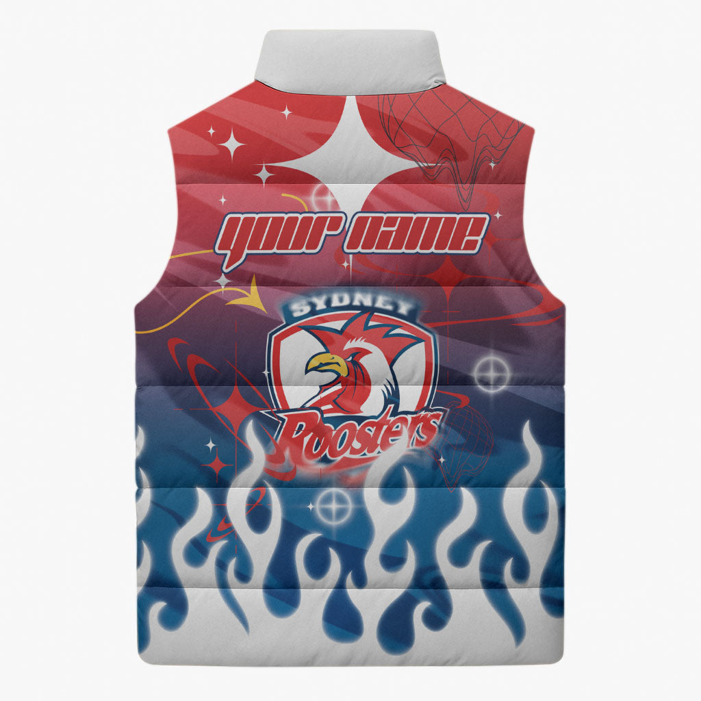 Personalized Sydney Roosters Sleeveless Puffer Jacket Y2K Grunge Aesthetic With Cyber Flames and Starburst Graphics