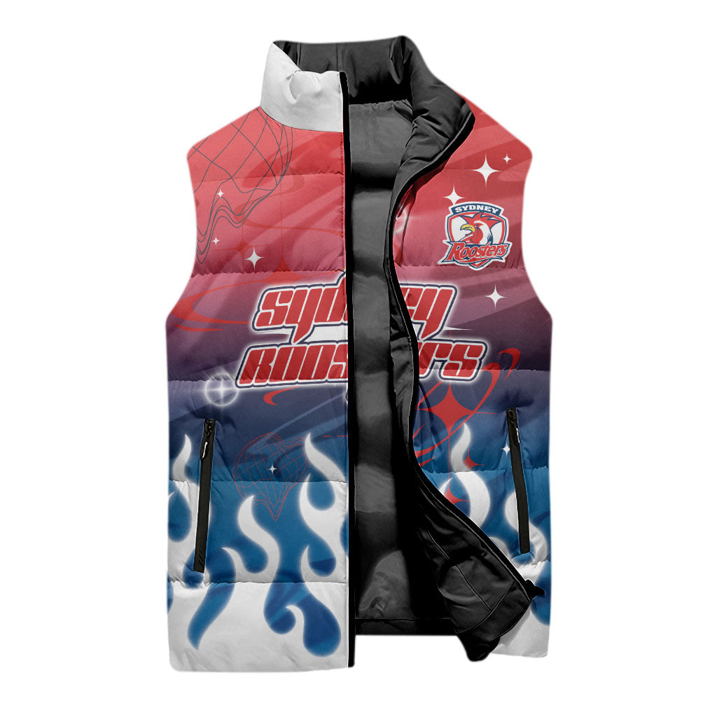Personalized Sydney Roosters Sleeveless Puffer Jacket Y2K Grunge Aesthetic With Cyber Flames and Starburst Graphics