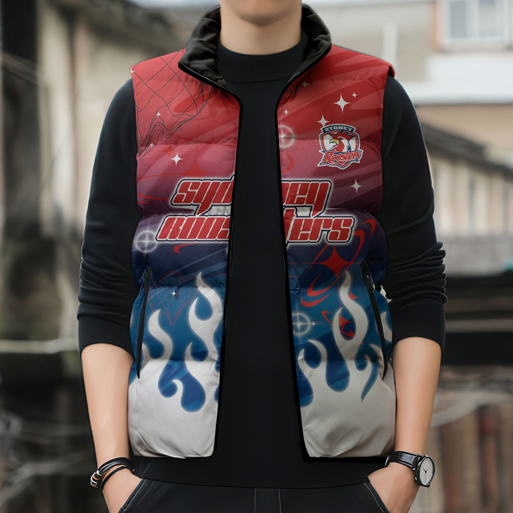 Personalized Sydney Roosters Sleeveless Puffer Jacket Y2K Grunge Aesthetic With Cyber Flames and Starburst Graphics
