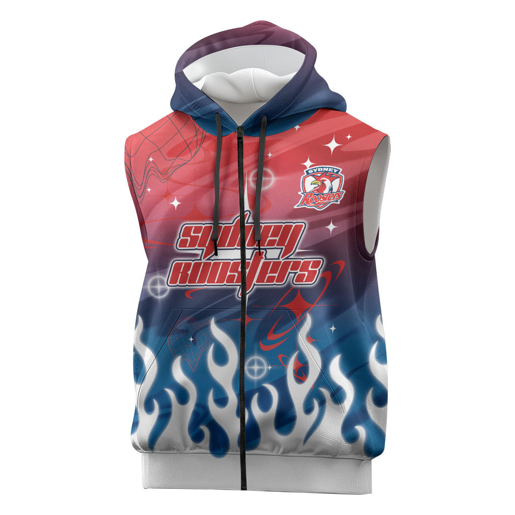 Personalized Sydney Roosters Sleeveless Zip Hoodie Y2K Grunge Aesthetic With Cyber Flames and Starburst Graphics
