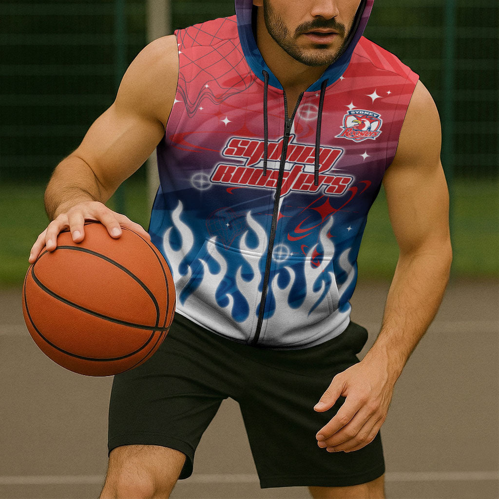 Personalized Sydney Roosters Sleeveless Zip Hoodie Y2K Grunge Aesthetic With Cyber Flames and Starburst Graphics